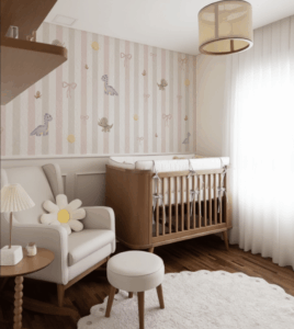 Papel de parede infantil com dinossauros, laços e borboletas em tons rosé e off-white. Arte feita à mão, exclusiva da CaBitt Artes.