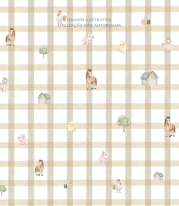 Quarto de bebê em tons neutros com berço branco, cômoda verde clara e papel de parede infantil fazendinha com padrão xadrez bege e ilustrações minimalistas de animais.