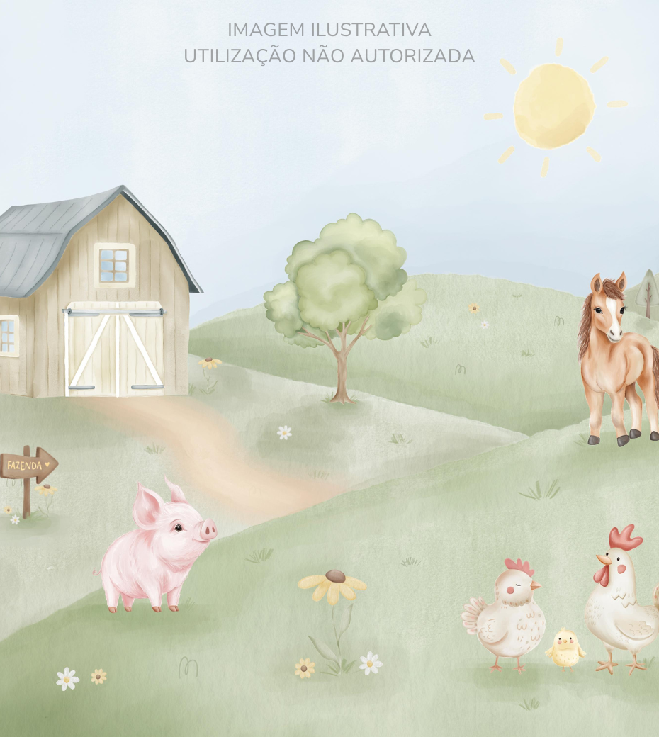 Papel de parede infantil Animais da Fazendinha em aquarela, com celeiro, cavalo, porco e galinhas. Estética neutra e tons pastel.