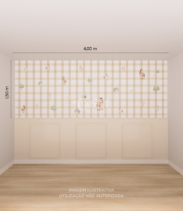 Quarto de bebê em tons neutros com berço branco, cômoda verde clara e papel de parede infantil fazendinha com padrão xadrez bege e ilustrações minimalistas de animais.