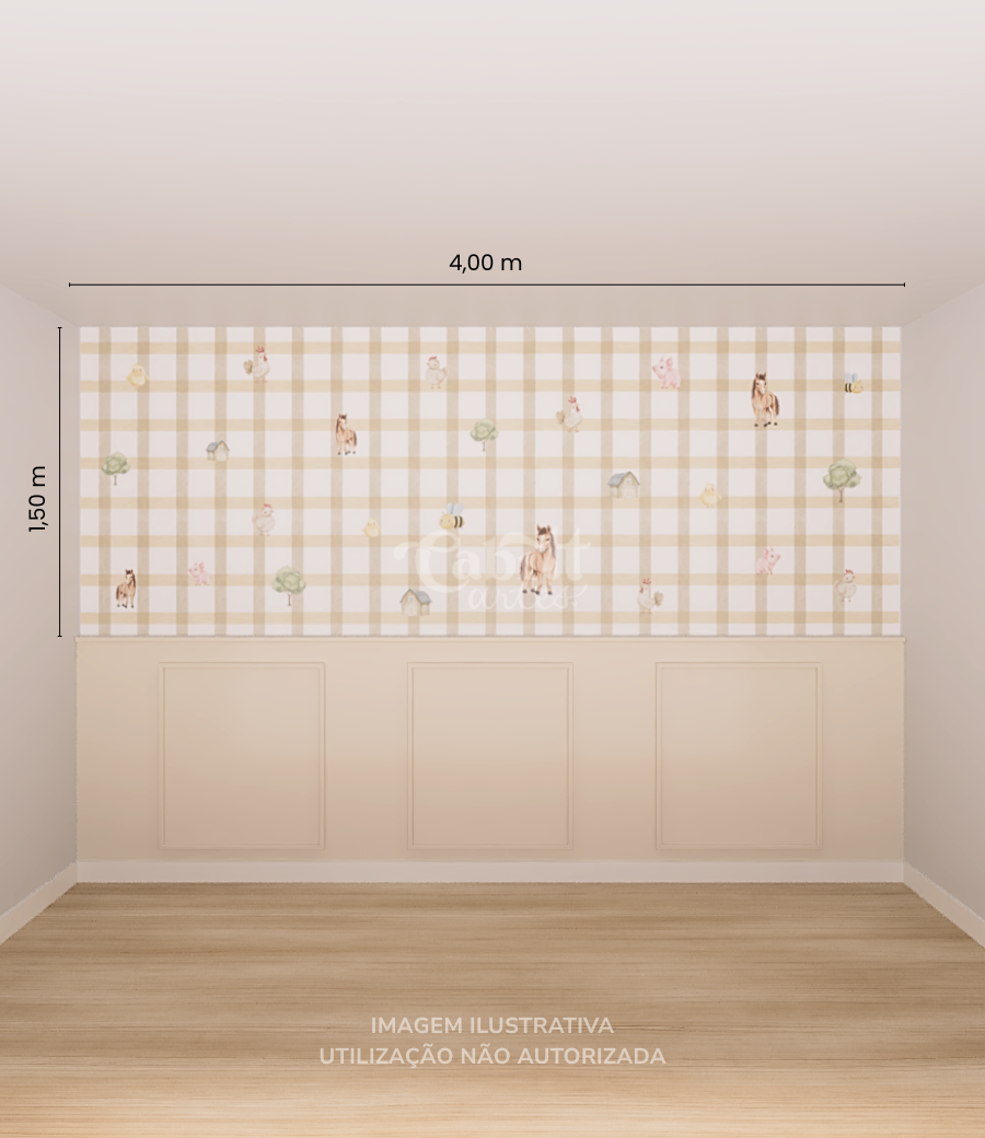 Quarto de bebê em tons neutros com berço branco, cômoda verde clara e papel de parede infantil fazendinha com padrão xadrez bege e ilustrações minimalistas de animais.