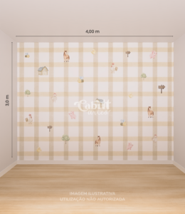 Quarto de bebê em tons neutros com berço branco, cômoda verde clara e papel de parede infantil fazendinha com padrão xadrez bege e ilustrações minimalistas de animais.