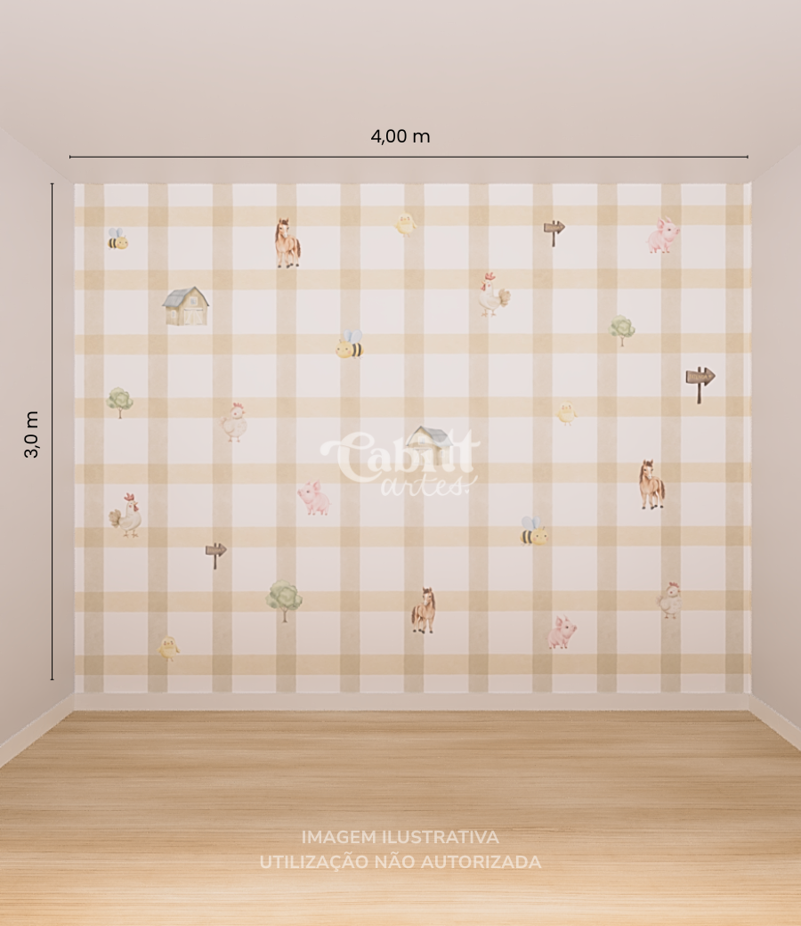 Quarto de bebê em tons neutros com berço branco, cômoda verde clara e papel de parede infantil fazendinha com padrão xadrez bege e ilustrações minimalistas de animais.