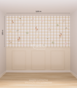 Quarto de bebê em tons neutros com berço branco, cômoda verde clara e papel de parede infantil fazendinha com padrão xadrez bege e ilustrações minimalistas de animais.