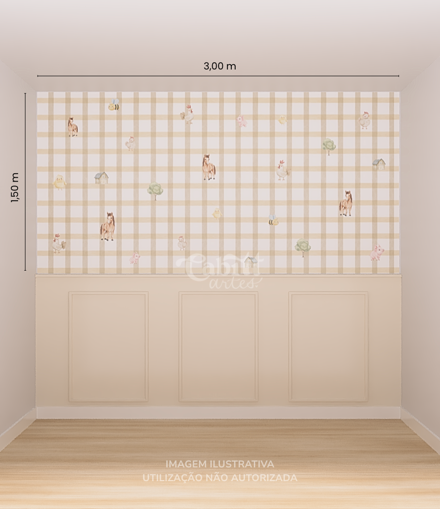 Quarto de bebê em tons neutros com berço branco, cômoda verde clara e papel de parede infantil fazendinha com padrão xadrez bege e ilustrações minimalistas de animais.