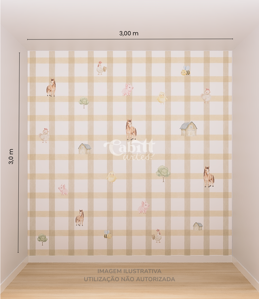 Quarto de bebê em tons neutros com berço branco, cômoda verde clara e papel de parede infantil fazendinha com padrão xadrez bege e ilustrações minimalistas de animais.