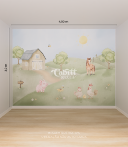 Papel de parede infantil Animais da Fazendinha em aquarela, com celeiro, cavalo, porco e galinhas. Estética neutra e tons pastel.