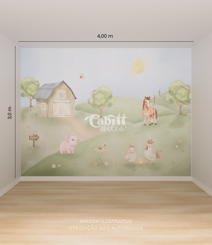 Papel de parede infantil Animais da Fazendinha em aquarela, com celeiro, cavalo, porco e galinhas. Estética neutra e tons pastel.