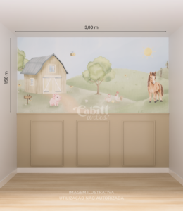 Papel de parede infantil Animais da Fazendinha em aquarela, com celeiro, cavalo, porco e galinhas. Estética neutra e tons pastel.