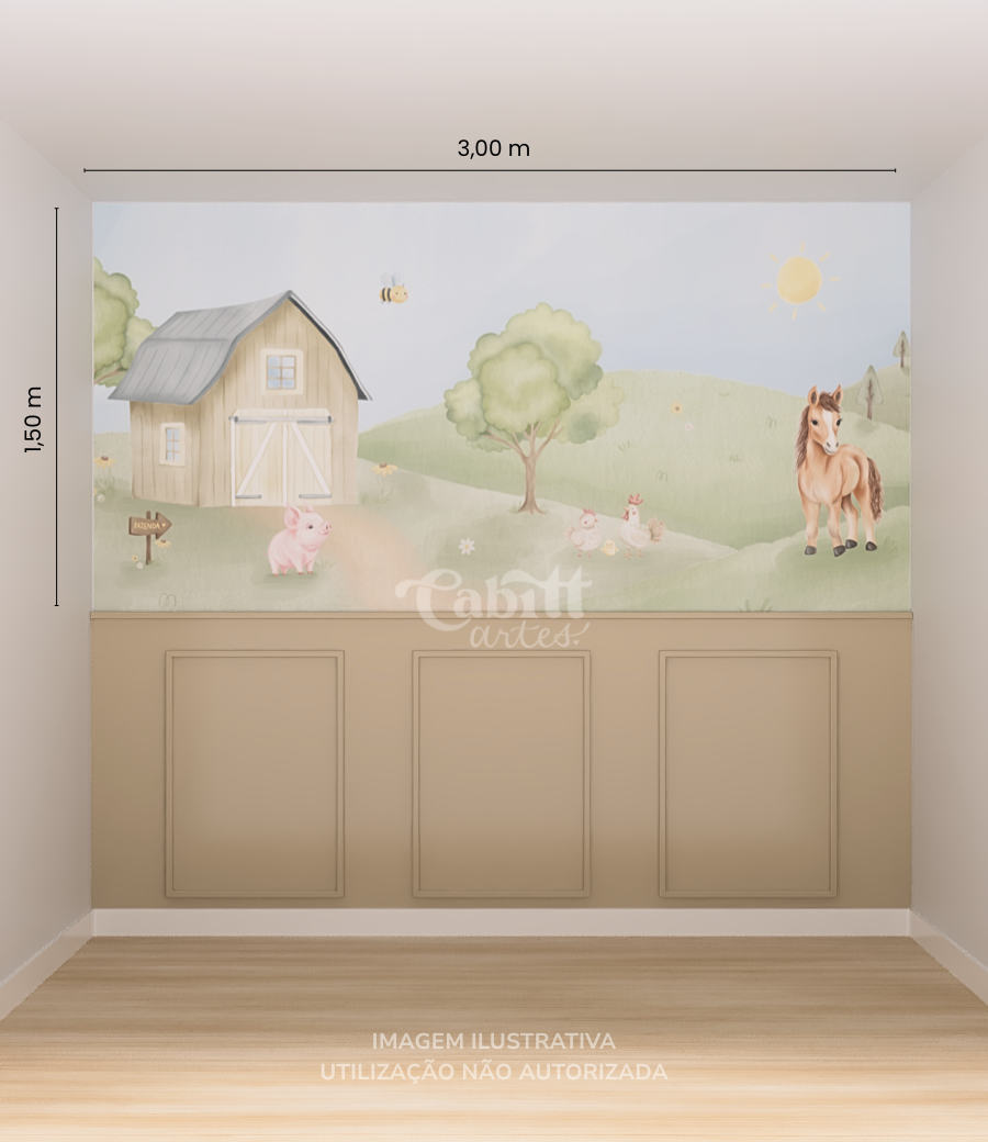 Papel de parede infantil Animais da Fazendinha em aquarela, com celeiro, cavalo, porco e galinhas. Estética neutra e tons pastel.