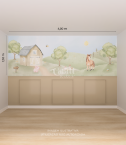 Papel de parede infantil Animais da Fazendinha em aquarela, com celeiro, cavalo, porco e galinhas. Estética neutra e tons pastel.