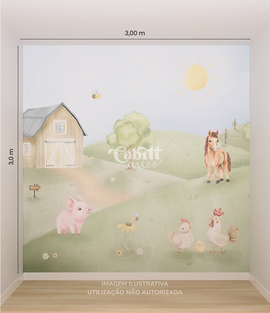 Papel de parede infantil Animais da Fazendinha em aquarela, com celeiro, cavalo, porco e galinhas. Estética neutra e tons pastel.
