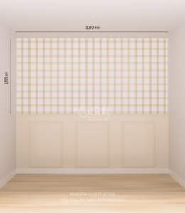 Quarto infantil com papel de parede aquarelado vichy marrom em tons suaves, criando um ambiente acolhedor e organizado.