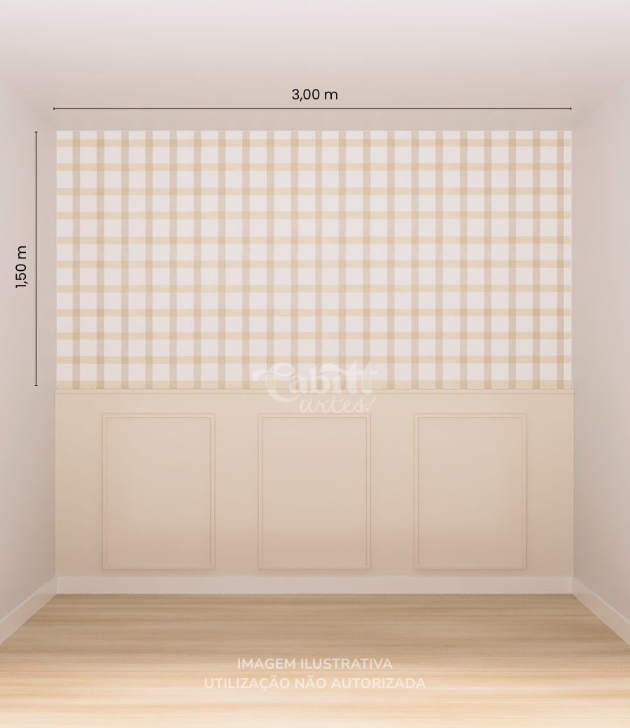 Quarto infantil com papel de parede aquarelado vichy marrom em tons suaves, criando um ambiente acolhedor e organizado.