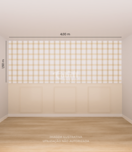 Quarto infantil com papel de parede aquarelado vichy marrom em tons suaves, criando um ambiente acolhedor e organizado.