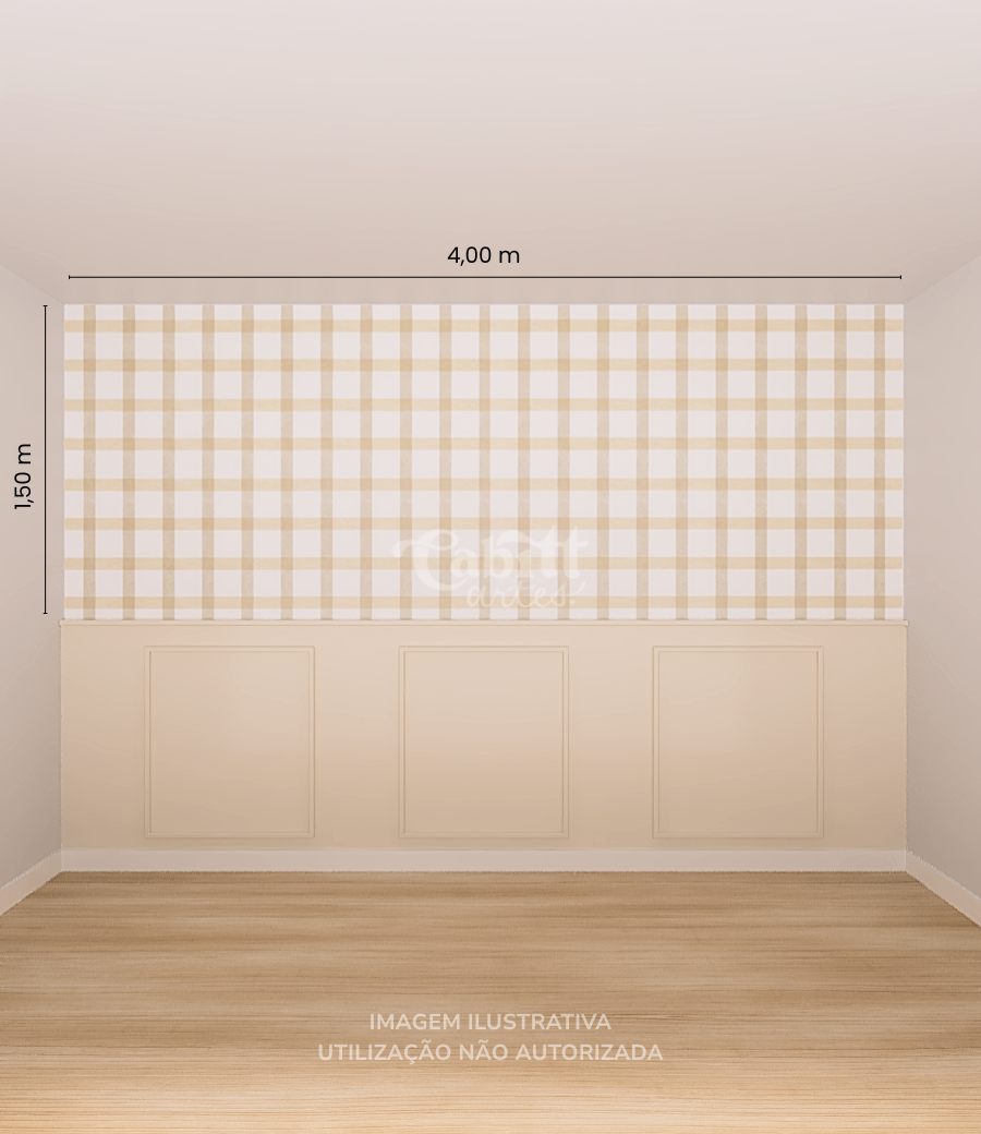 Quarto infantil com papel de parede aquarelado vichy marrom em tons suaves, criando um ambiente acolhedor e organizado.