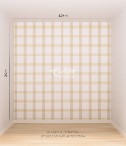 Quarto infantil com papel de parede aquarelado vichy marrom em tons suaves, criando um ambiente acolhedor e organizado.