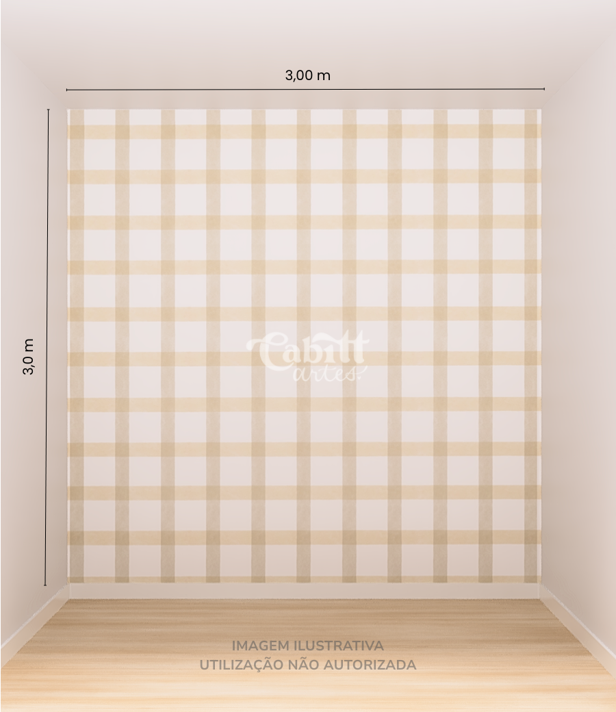 Quarto infantil com papel de parede aquarelado vichy marrom em tons suaves, criando um ambiente acolhedor e organizado.